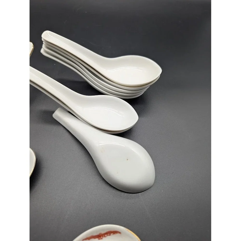 11 Set Vintage Porcelain Soup‎ Spoons Miso Ramen Dumplings Golden China Taiwan